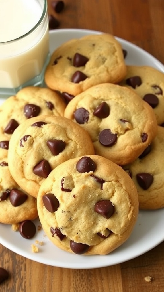 Freshly baked chocolate chip cookies on a plate with a glass of milk.